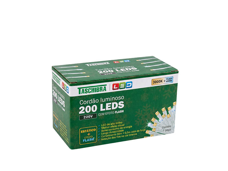 CORDÃO LUMINOSO TASCHIBRA 200 LED ESTÁTICO COM LED FLASH 220V ISOL BR 3000K