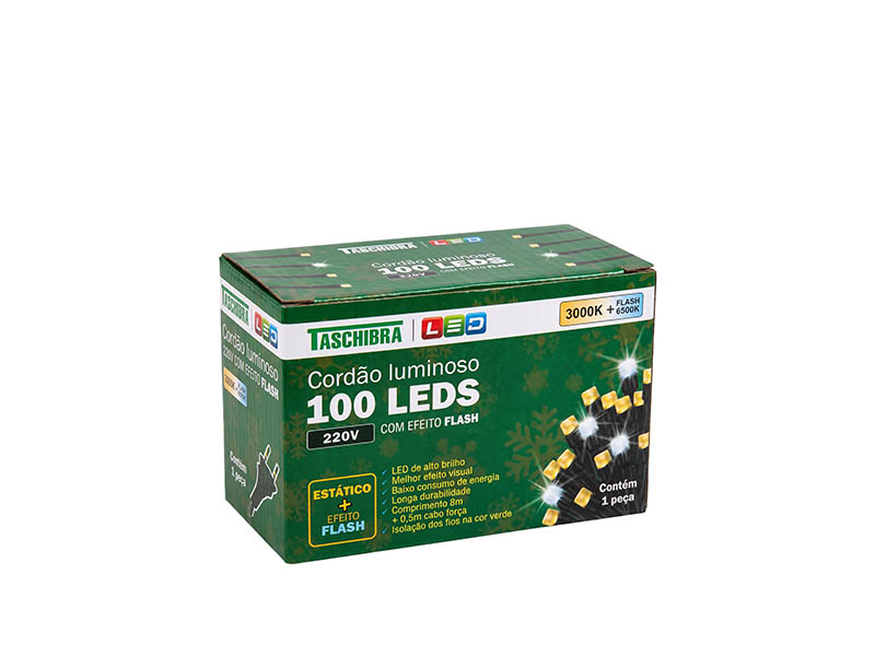 CORDÃO LUMINOSO TASCHIBRA 100 LED ESTÁTICO COM LED FLASH 220V ISOL VD 3000K