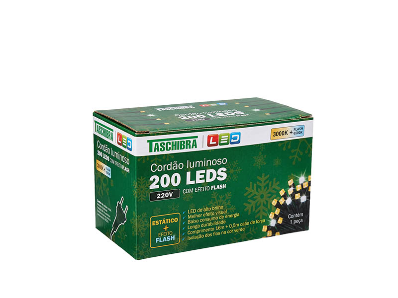 CORDÃO LUMINOSO TASCHIBRA 200 LED ESTÁTICO COM LED FLASH 220V ISOL VD 3000K
