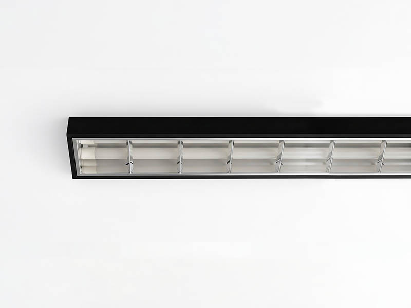 CALHA ATELA LED ALTO BRILHO SOB/EMB FORRO MODULAR 124CM RET 2XT8 ALETADA PRETA