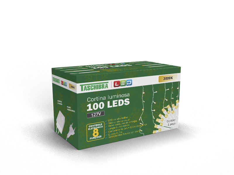 CORTINA LUMINOSA TASCHIBRA 100 LED 8 FUNÇÕES ISOL BR 127V 3000K