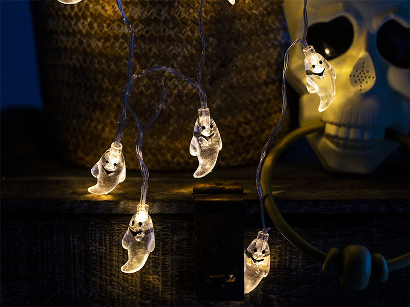 CORDÃO HALLOWEEN TASCHIBRA LED 10 FANTASMAS TRASPARENTE 2XAA .