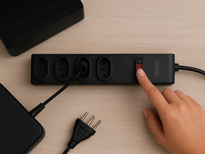 PROTETOR ELETRÔNICO TASCHIBRA 4 TOMADAS 2P+T 1m 10A PRETA