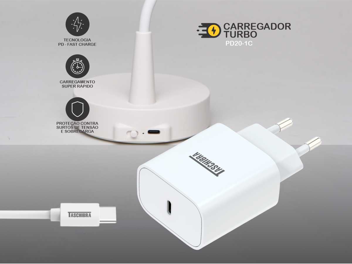 CARREGADOR TURBO USB TASCHIBRA PARA ELETRONICOS PD20-1C 20W AUTOVOLT