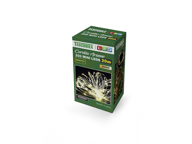 CORDÃO LUMINOSO TASCHIBRA 200 MINI LED ESTÁTICO ARAME AUTOVOLT 3000K